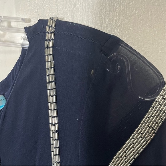 ALICE + OLIVIA Navy Silk 3/4 Sheer Sleeve Silver Beaded Blouse | size Small. - Picture 2 of 10